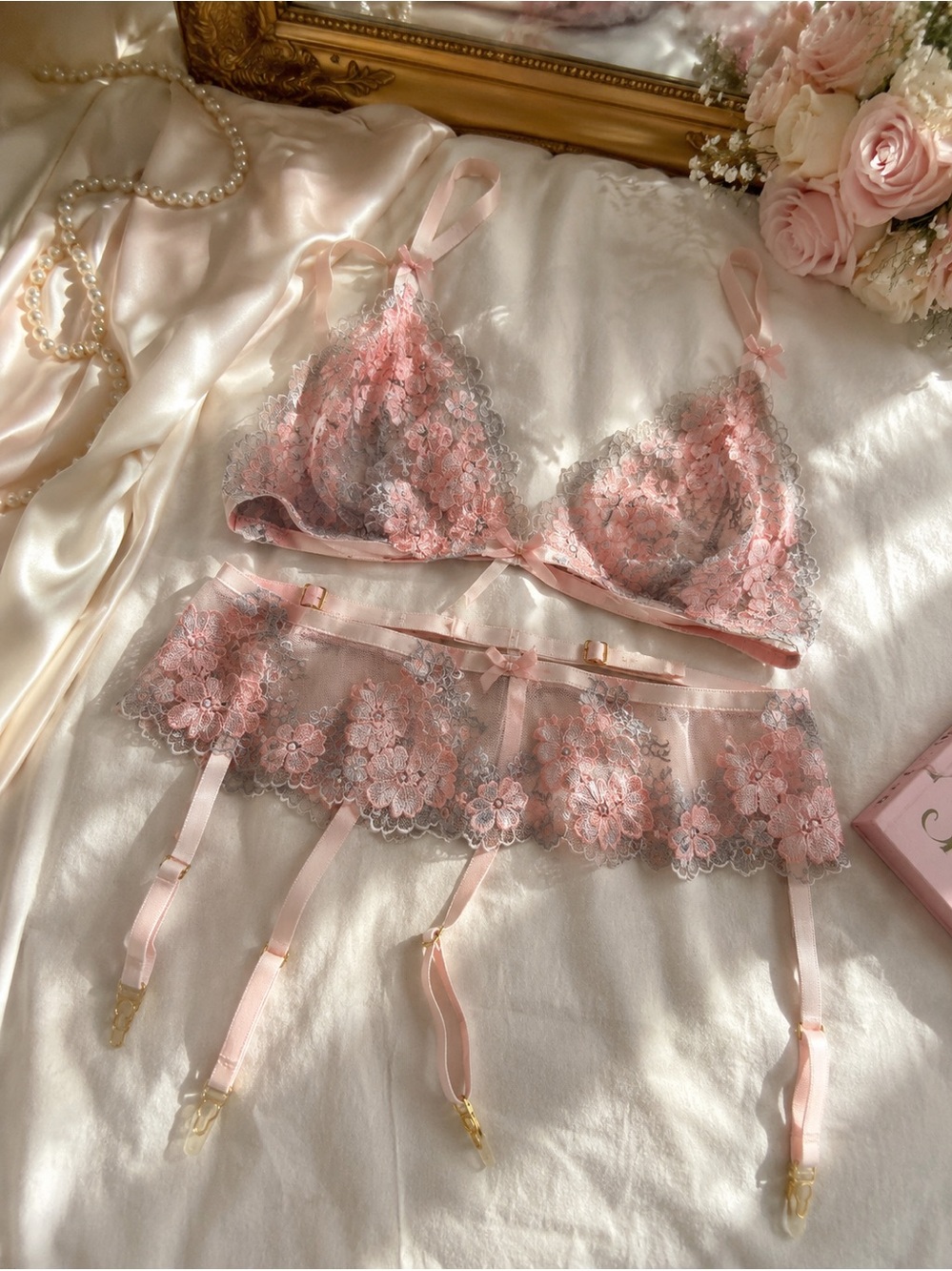 Coquette Pink Embroidered Lace Lingerie Set Bralette Garter Belt Small